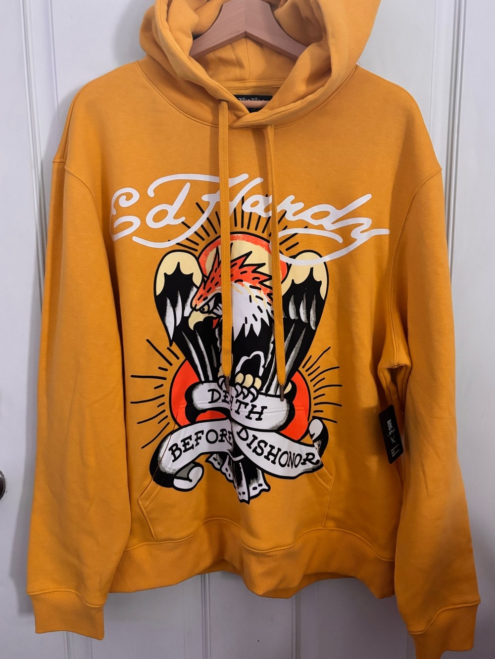 Ed Hardy XL Yellow Death Before Dishonor Graphic Hoodie | Y2K Streetwear